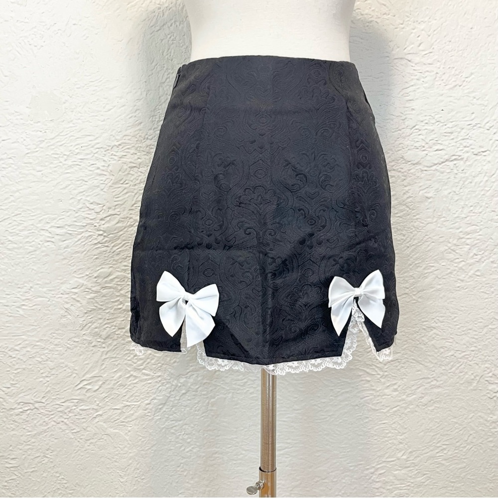 Black Skirt White Lace Trim Bows Gothic Goth Victorian Shein XS